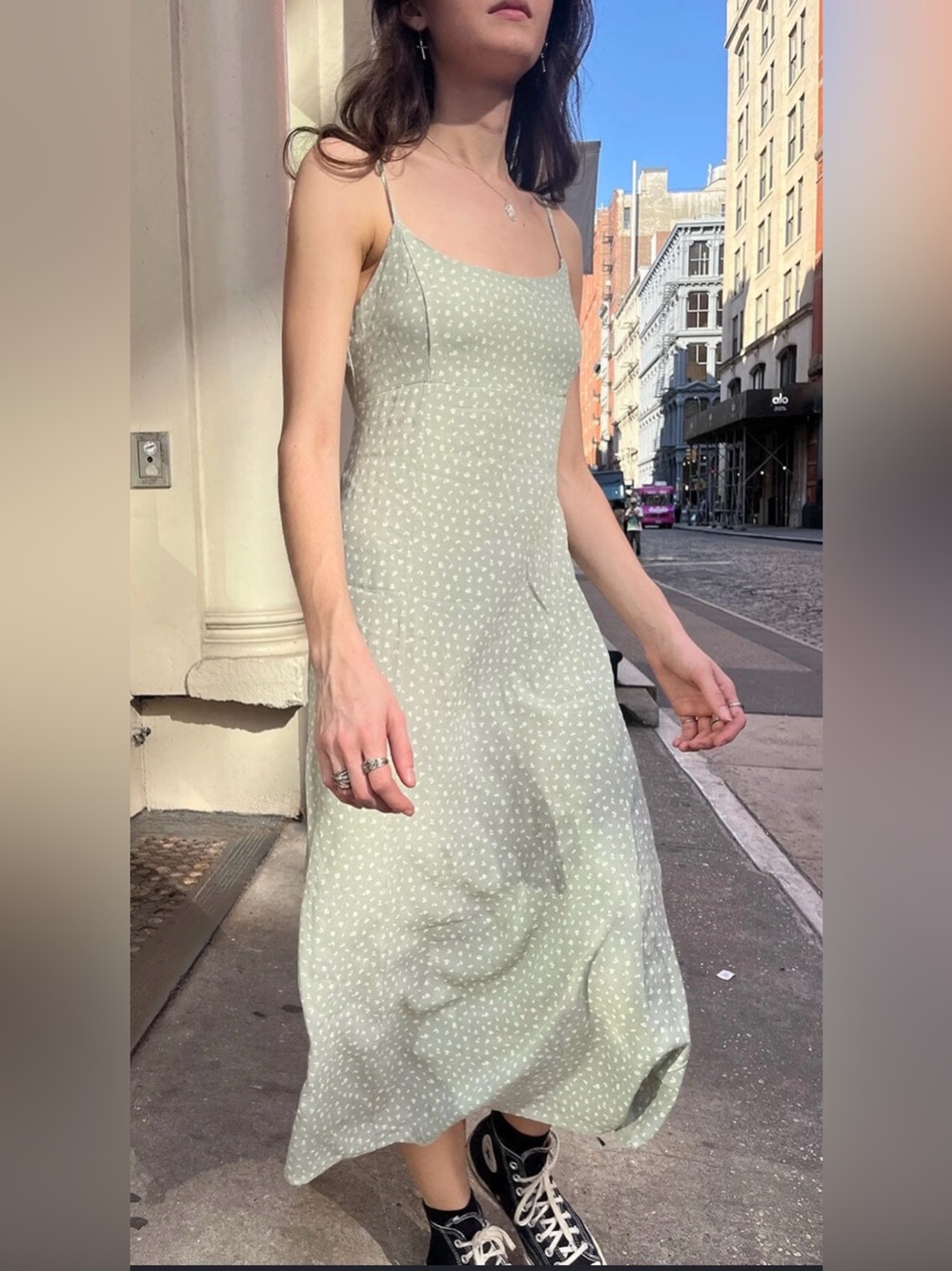 Brandy Melville Sage Green Floral Maxi Dress V-Neck Sleeveless Size Small